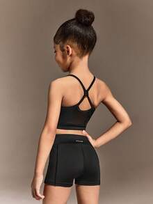 女童无袖短裤运动套装，时尚休闲运动服，适合户外长途运动 - 藍色 - 查看 3