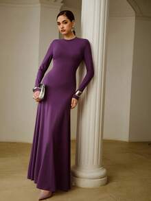 ZEYLAH 85% Cotton Turtleneck Long Sleeve Fitted Dress, Spring - Purple - View 4