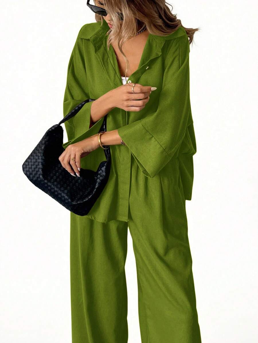 Aveloria Modichic 2件套 女士混纺侧开衩宽松衬衫和高腰阔腿裤 优雅商务休闲女装 - 綠色 - 查看 1