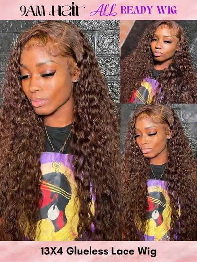 ALL READY WIG Peluca frontal de encaje con cabello humano rizado en agua, sin pegamento, de 180% de densidad y 13x4 pulgadas, color marrón chocolate, para mujeres (20 pulgadas, marrón)