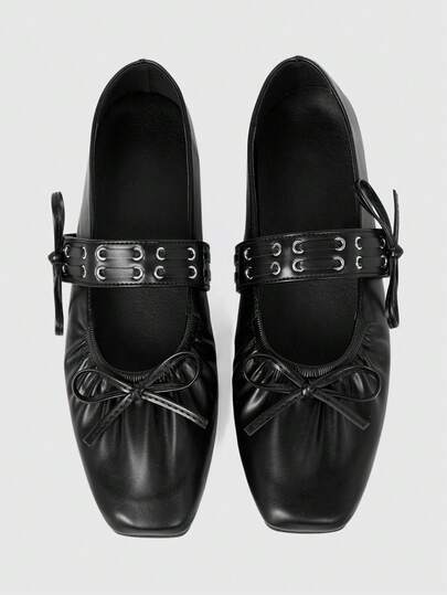 ROMWE Goth Women's Classic Bow Decor Flat Comfortable Square Toe Loafers