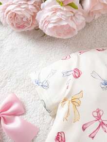 Conjunto de camiseta de manga corta con patrón de lazo y pantalones cortos de cintura elástica, estilo casual de verano para bebé niña recién nacida - Rosa - Ver 6
