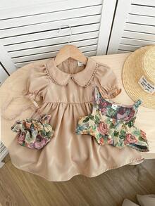 SHEIN Bộ đồ cho bé gái gồm áo vest và váy ngắn tay cổ Peter Pan họa tiết hoa cổ điển. - Nhiều màu - Xem 5