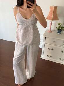 DAZY 女士甜美图案荷叶边吊带背心和裤子睡衣套装 - 米色 - 查看 3