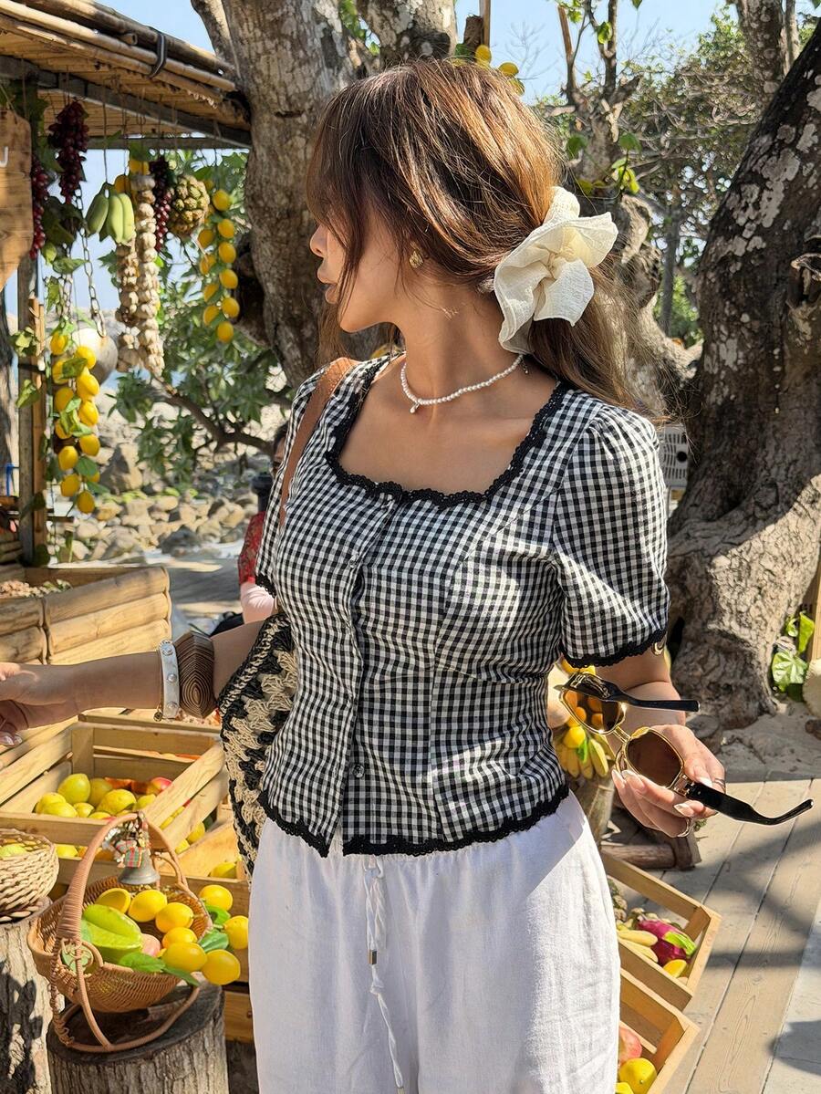 Serisse Women's Casual Plaid Trim Front Button Short Sleeve Shirt, Summer - Black and White - View 1