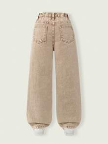 SHEIN Tween Girl Y2K Street Daily Elastic Waist Straight Jeans With Flat Pockets, Daily OOTD Baggy Jeans Khaki Jeans Wide Leg Jeans - Khaki - View 2