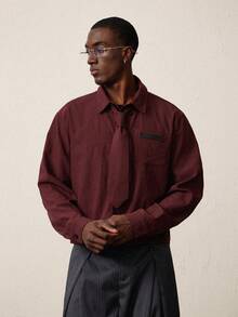 STYNVO 男士纯色简约休闲长袖衬衫 男士长袖衬衫 男士宽松衬衫 男士酒红色衬衫 男士纹理衬衫 男士休闲衬衫 男士宽松衬衫 带口袋休闲衬衫 - 棕色 - 查看 1