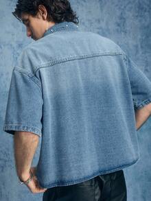 ROMWE MEN Grunge Punk 男士时尚珍珠装饰牛仔短袖上衣 - 棕色 - 查看 3