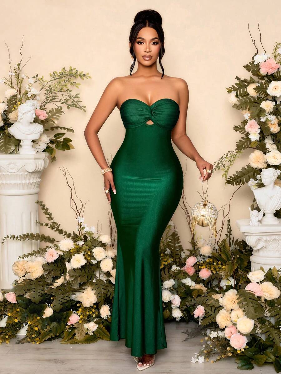 SOLERSUN 优雅通勤婚礼季性感抹胸收腰摆领性感露背女式绿色长款连衣裙 - 墨綠色 - 查看 1