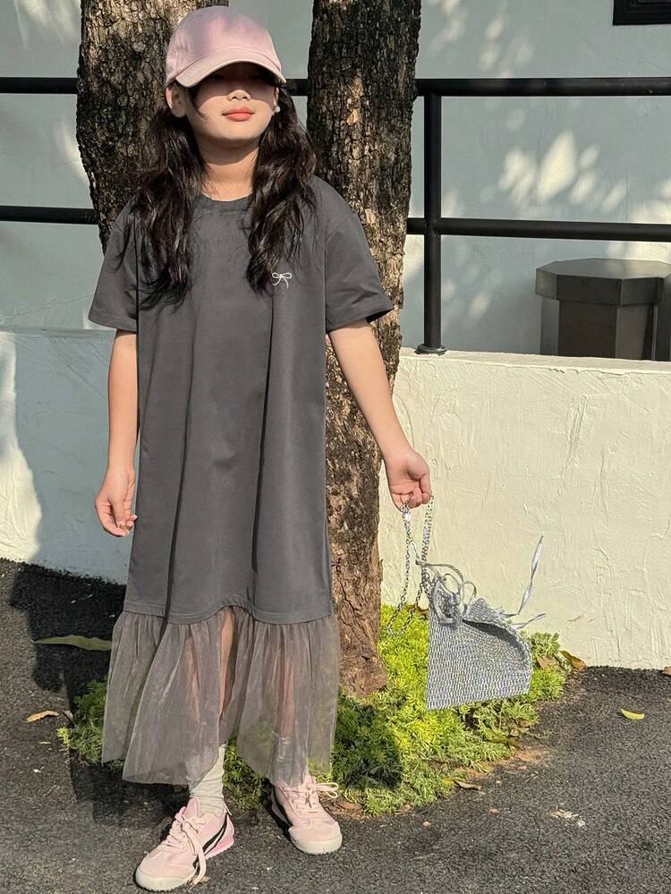 Tween Girls Summer New Round Neck Knit Short Sleeve Bow Embroidered Dress