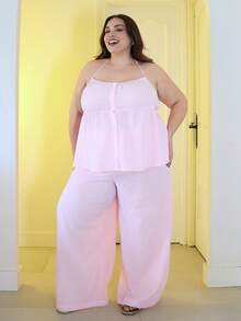 Pretty and Ole Conjunto de 2 piezas: Blusa de cuello halter con rayas y pantalón ancho holgado para mujer talla grande, uso casual y diario - Rosa - Ver 6