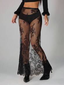 SHEIN PETITE Women's Sheer Lace Solid Color Sexy Mini Skirt - Black - View 6