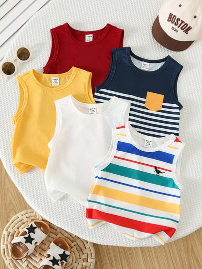 SHEIN 5件/套 男婴休闲可爱彩色条纹针织背心，百搭夏季背心多件装