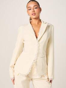 MISSGUIDED Elegant Lace Trim Blazer With Button Closure And Tailored Lapels For Office Business Professional Formal Fall Winter Spring Workwear - Apricot - View 6