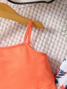 SHEIN Setelan 2 Potong untuk Liburan Anak Perempuan: Atasan Camisole Leher Asimetris Warna Polos dan Celana Panjang Lebar Motif Tropis - Jeruk - View 6