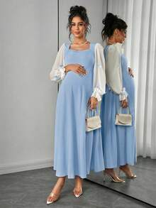 Momance Maternity Dress With Ruffle Hem, Lantern Sleeve, Bow Decor, Square Neck, Gathered Back, Bow Tie, A-Line Dress - Baby Blue - View 6