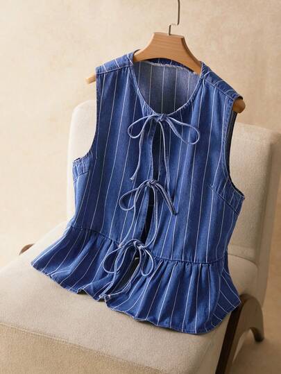 Elaquor Áo vest denim nữ cỡ lớn kẻ sọc, thắt nơ phía trước, viền bèo nhún