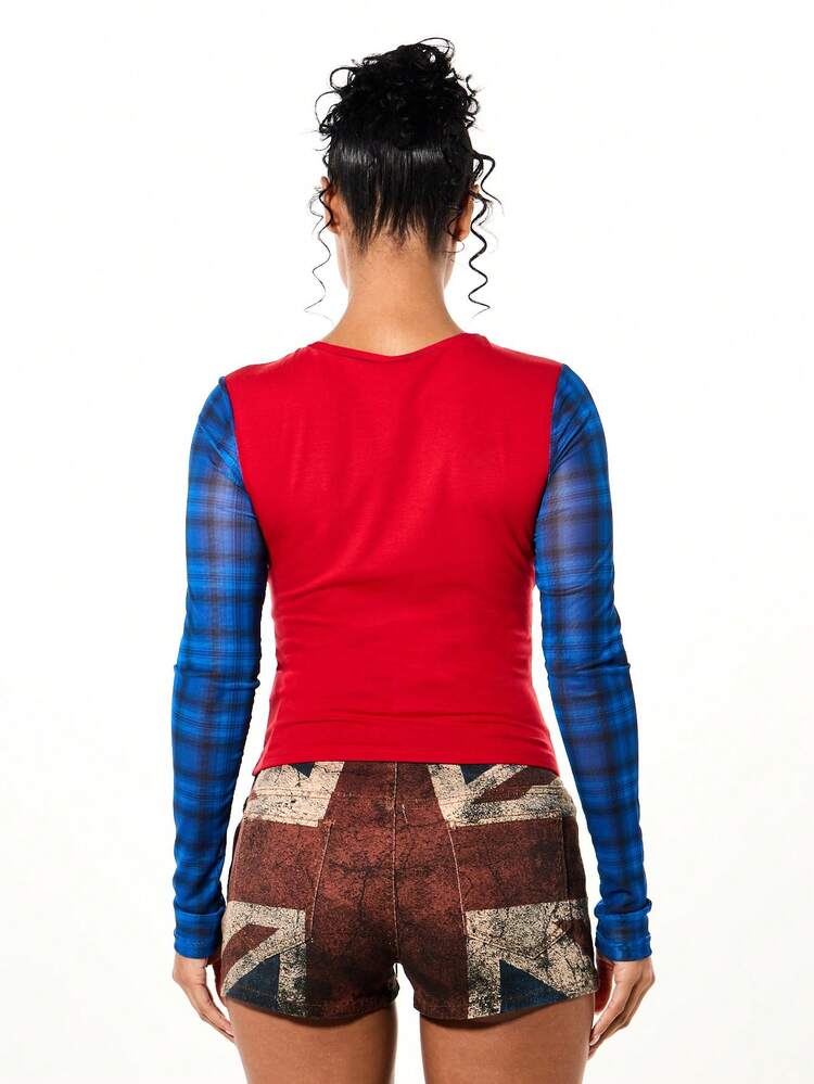 SUMWON WOMEN Contrast Check Barcode Print Long Sleeve Top