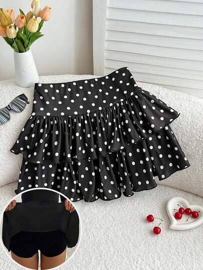 SHEIN Váy xòe chấm bi đen trắng cho bé gái tuổi teen, thích hợp mặc thường ngày, thể thao, đi học, mùa tựu trường; váy ngắn chấm bi dáng chữ A, viền bèo nhún; váy ngắn chấm bi dáng ngắn, thích hợp cho mùa xuân và hè; mát mẻ, cơ bản, mặc hàng ngày; đa năng; thời trang thể thao mùa hè; mùa tựu trường; đồng phục học sinh.