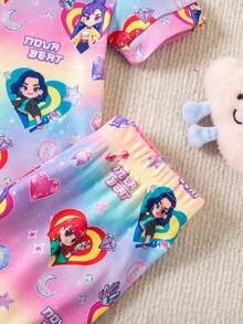 SHEIN Young Girl Letter & Cartoon Character Print Short Sleeve Top And Pants Pajama Set - Multicolor - View 7