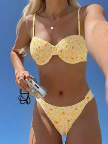 Swim Mod 2pcs Women Floral Print Soft Cup Underwire Bikini Swimsuit Set, Summer Holiday Beach - Yellow - View 5