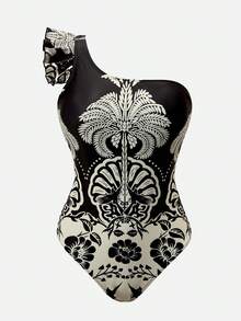Swim Oasis Traje de baño de una pieza con volantes, estampado tropical, atar al frente para mujer, ideal para vacaciones de verano en la playa - Blanco y Negro - Ver 9