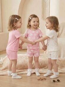 SHEIN 6件套女婴新生儿0-3岁春夏新款可爱兔子纯色条纹T恤短裤套装 - 彩色 - 查看 9