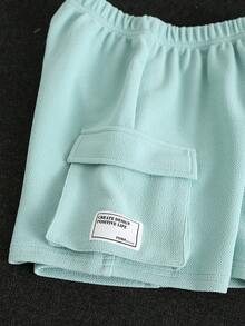 SHEIN 男童运动休闲短袖T恤短裤两件套，适合通勤、上学、日常休闲、旅行、运动、节日聚会，春、夏、秋季皆可穿着。 - 藍色 - 查看 4