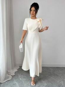 Elenzga Vestido maxi de línea A de manga corta con cuello redondo, cintura ceñida y decoración de lazo, elegante, casual, para ir al trabajo, vacaciones y romántico, para primavera/verano - Albaricoque - Ver 6