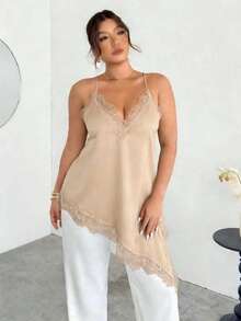 Firerie Plus Size Women Solid Color Lace Patchwork Asymmetrical Hem Fashionable Versatile Date Night Camisole Top, Summer Tops - Apricot - View 8