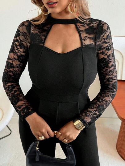 Vionelle Plus Size Women Lace Patchwork Hollow Out Fitted Jumpsuit, Daily Wear Long Sleeve