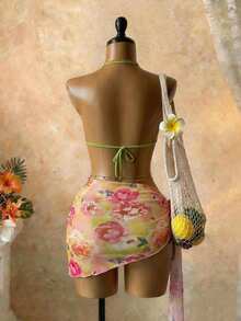 SaltGleam SaltGleam Women's Sexy Floral Print Lace Trim Halter Bikini Set With Cover-Up And Skirt - Multicolor - View 2