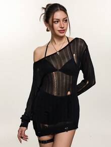 Rina Fox 新款镂空针织衫，长袖，韩版宽松版型，透气网眼面料，轻薄夏季上衣 - 黑色 - 查看 4