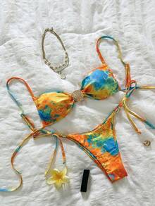 Swim Mod Women's Random Print Metal Decor Spaghetti Strap Bikini Set, Spring/Summer - Multicolor - View 1