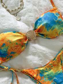 Swim Mod Women's Random Print Metal Decor Spaghetti Strap Bikini Set, Spring/Summer - Multicolor - View 4