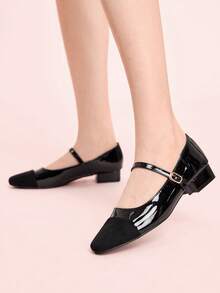 CUCCOO DOLLMOD Retro Square Head Splicing Mary Jane Shoes Women's French One-Word Buckle With Velvet Temperament Thick Heel Commuter High Heel Single Shoes Women - Black - View 3