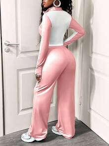 SHEIN BamGlam Ensemble décontracté 2 pièces pour femmes, design blocs de couleurs, veste zippée à manches longues et pantalon à cordon de serrage, automne - Rose bonbon - Voir 2
