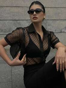 DAZY Casual Business Sheer Mesh Fitted Chiffon Blouse, Minimalist Short Sleeve Women Shirt - Black - View 4