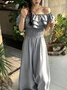 Livesso 女士时尚露肩荷叶边阔腿连体裤 - 灰色 - 查看 3