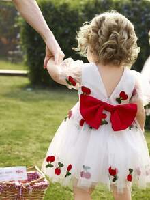 Elegant Embroidered Cherry Blossom Pattern Short Sleeve Dress, Summer - Red - View 8