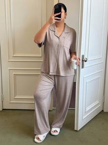Dream Adore Plus Size Women Loose Comfortable Knit Collared Short Sleeve Pajama Set - Mocha Brown - View 1