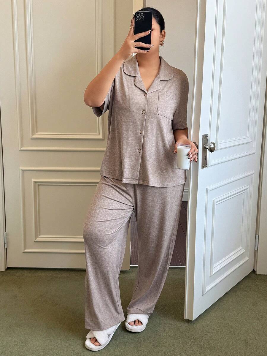 Dream Adore Plus Size Women Loose Comfortable Knit Collared Short Sleeve Pajama Set - Mocha Brown - View 1