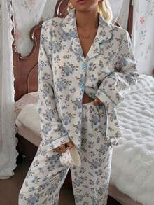 CottageSlumber 泡泡褶皱花卉印花开衫领女士睡衣套装 - 淺藍色 - 查看 6