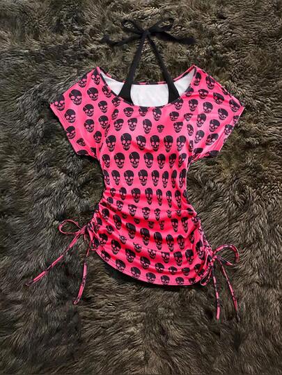 Sunspun Plus Size Punk Style Skull Print Slim Fit T-Shirt