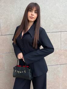 Hitanina 女士杏色厚面料V领西装外套设计黑色撞色纽扣假口袋教师制服优雅职业装，感恩节万圣节氛围，秋季新款时尚必备高端端庄长袖收腰宽松直筒裤两件套 - 黑色 - 查看 3