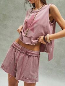 Bohemela 2件套 女士休闲纯色针织宽松背心和短裤 - 粉色 - 查看 4