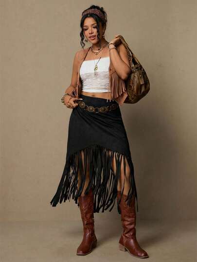 Freevana Plus Size Bohemian Suede Fringe Skirt, Casual Holiday Style