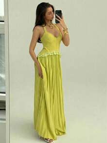 Aloruh 女士纯色心形领露背无袖蕾丝拼接褶皱连衣裙，夏季时尚之选 - 綠色 - 查看 4