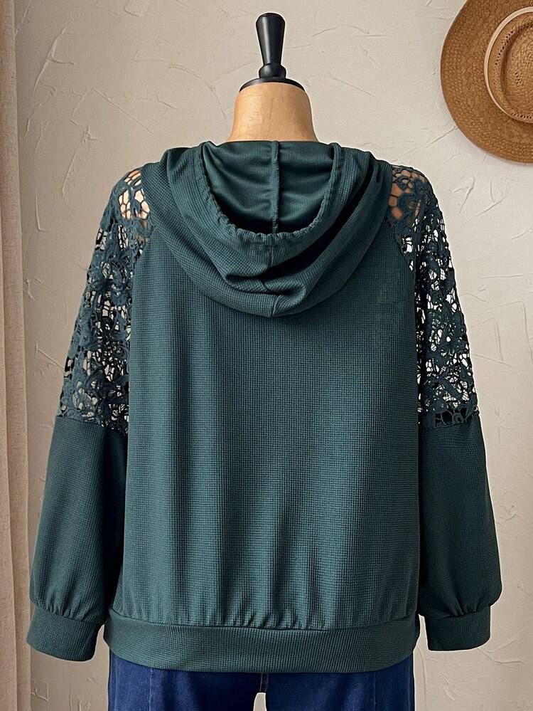 Plus Size Women's Solid Color Contrast Lace Raglan Sleeve Drawstring Hooded Sweatshirt Vacation Holiday Beach Vacation Casual Green Country Style Sweatshirt
