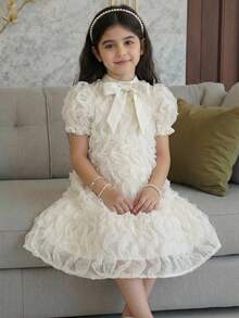 年轻女孩宽松优雅圆领泡泡袖甜美可爱连衣裙 - 杏色 - 查看 5